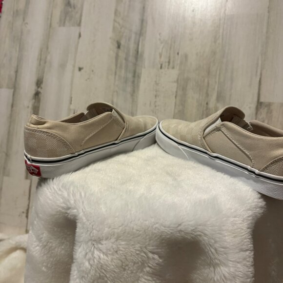 VANS Women's Size 7.5 Checkerboard Slip On Canvas Sneakers Tan/White - Picture 6 of 9
